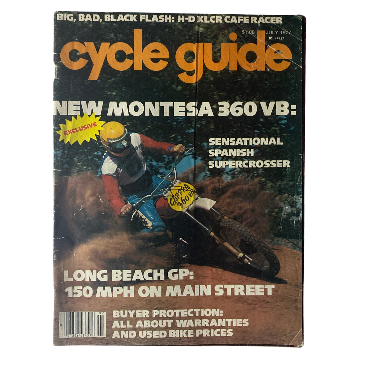 Cover page of Cycle Guide Magazine, July 1977, featuring the Montesa 360 VB Supercrosser, showcasing motocross themes and motorcycle tests.