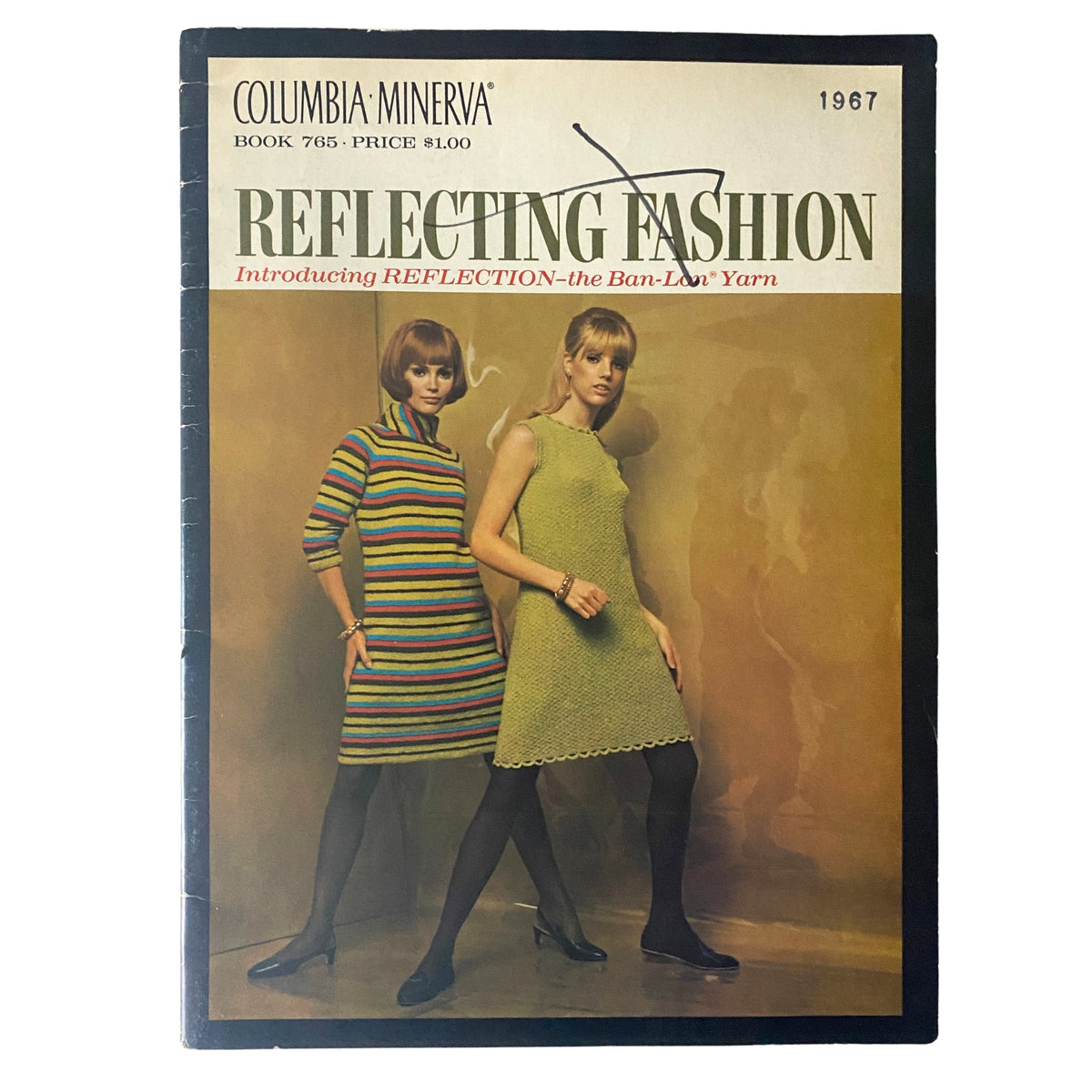 1967 Columbia Minerva Reflecting Fashion cover featuring two women showcasing colorful knitwear made from Ban-Lon yarn. One model wears a striped dress, while the other wears a green, sleeveless dress.