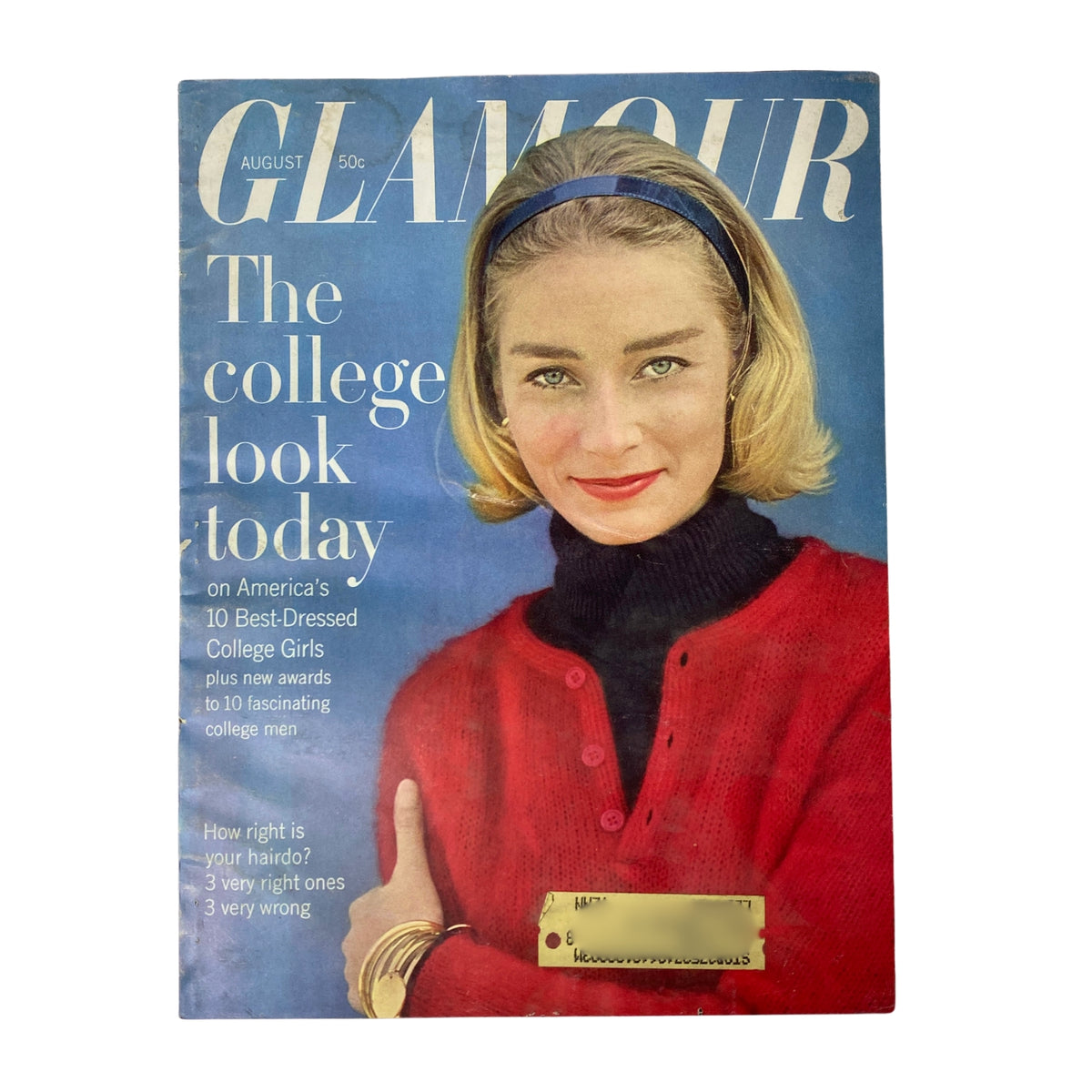 Cover of Glamour Magazine August 1962 featuring America's 10 Best-Dressed College Girls. The magazine showcases a young woman with blonde hair styled with a headband, dressed in a red cardigan, emphasizing collegiate fashion.