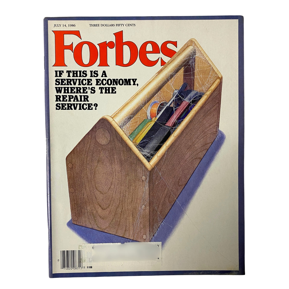 Forbes Magazine cover from July 14, 1986, featuring a wooden tool caddy overflowing with tools and colorful items, highlighting the cover story 'Shake, Rattle and Clonk' centered on the repair industry.