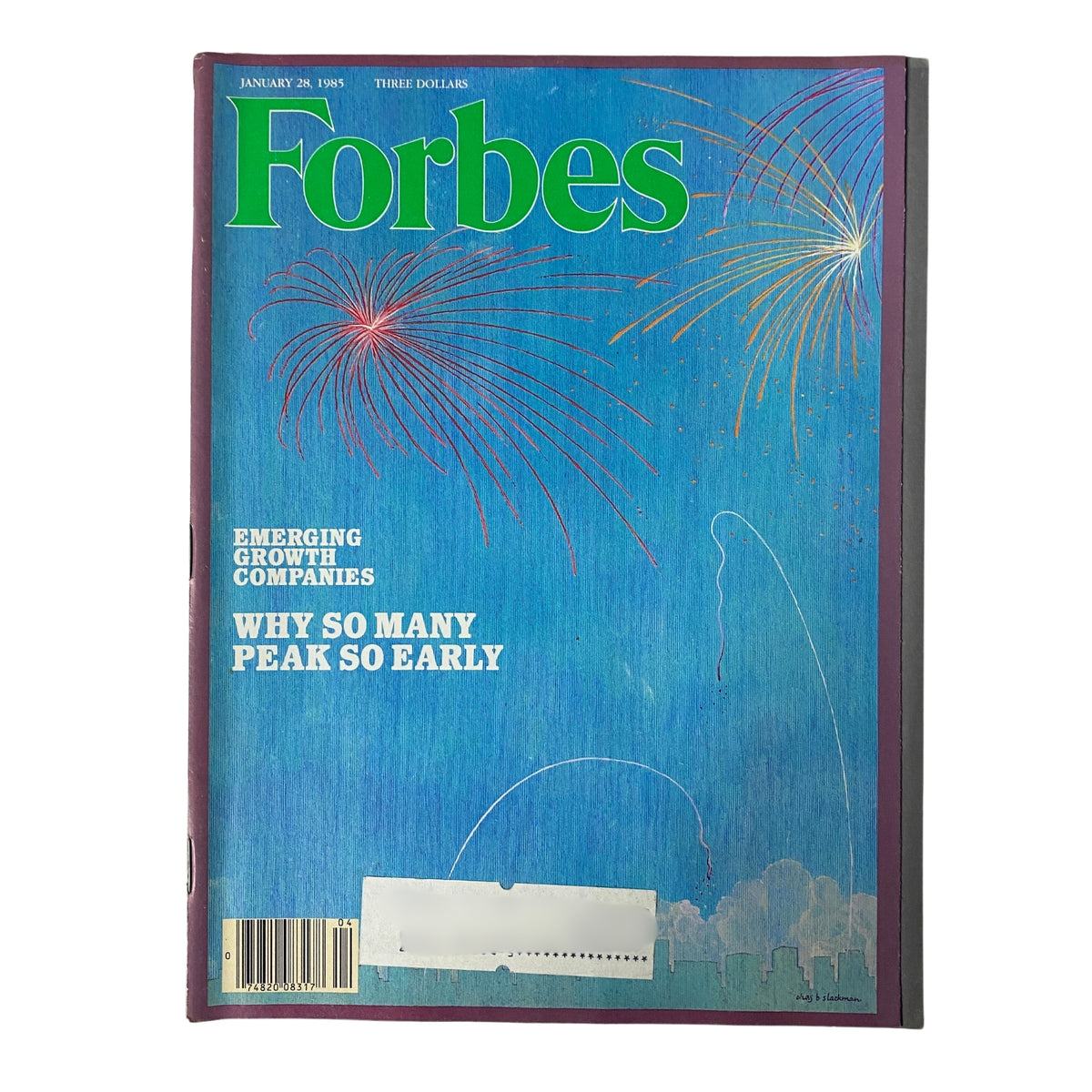 Cover of Forbes Magazine January 28, 1985 featuring the title "Emerging Growth Companies" and the headline "Why So Many Peak So Early" with vibrant fireworks illustration.