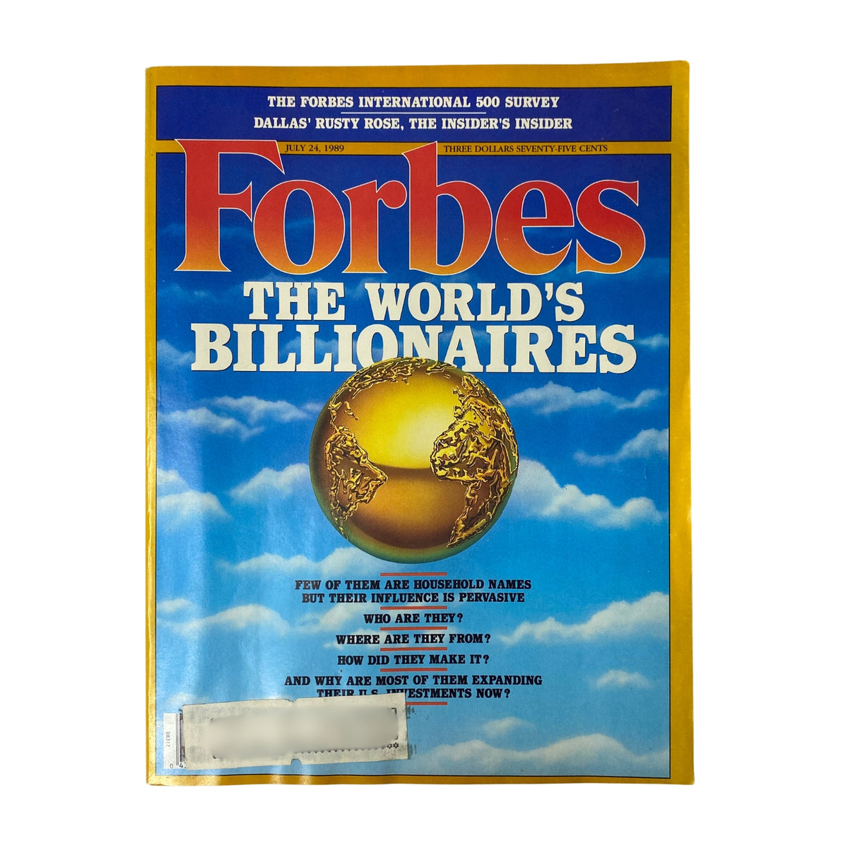 Cover of Forbes Magazine July 24, 1989 titled 'The World's Billionaires', featuring a golden globe with the title and clouds in the background.