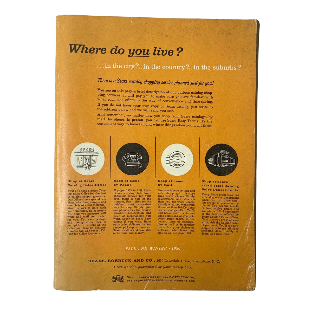 Back cover detailing shopping options from the 1956 Sears Roebuck and Co. Fall and Winter Catalog, showcasing mail, phone, and in-store shopping services.