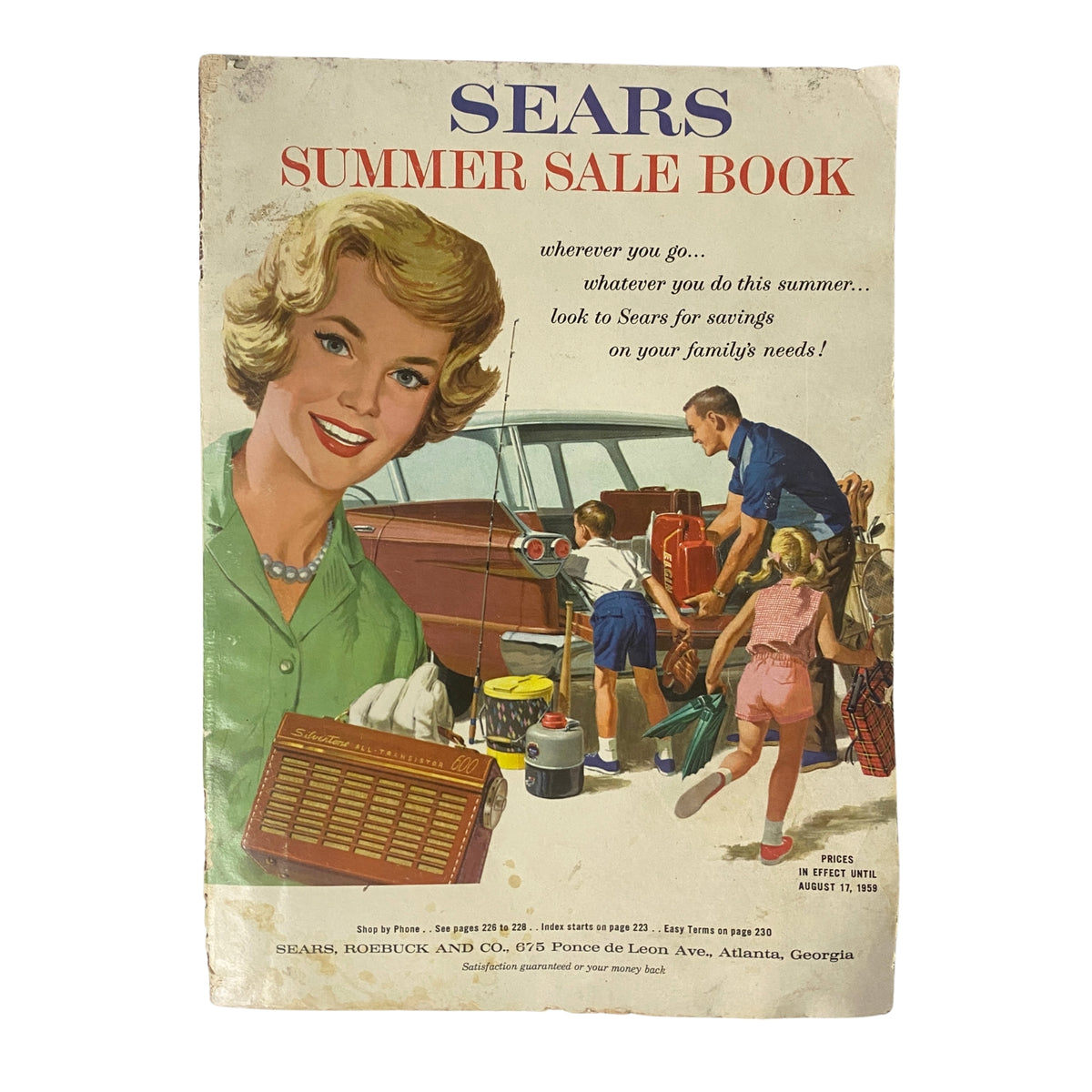 Cover of the 1959 Sears Roebuck and Co. Summer Sale Book Catalog featuring a smiling woman and a family preparing for summer activities with stylish products.