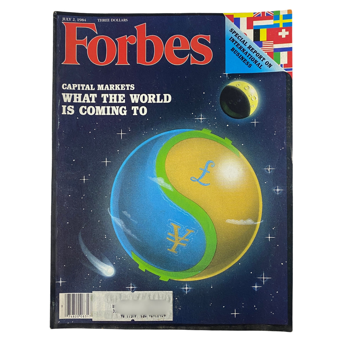 Cover of Forbes Magazine July 2, 1984 featuring the main title 'Capital Markets: What The World Is Coming To', illustrated with a yin-yang globe design symbolizing global finance.