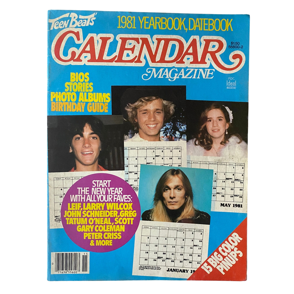 Teen Beat's Calendar Magazine 1981 showcasing vintage pop culture with featured stars such as John Schneider and Leif Garrett on the cover, includes photo albums and pinups.