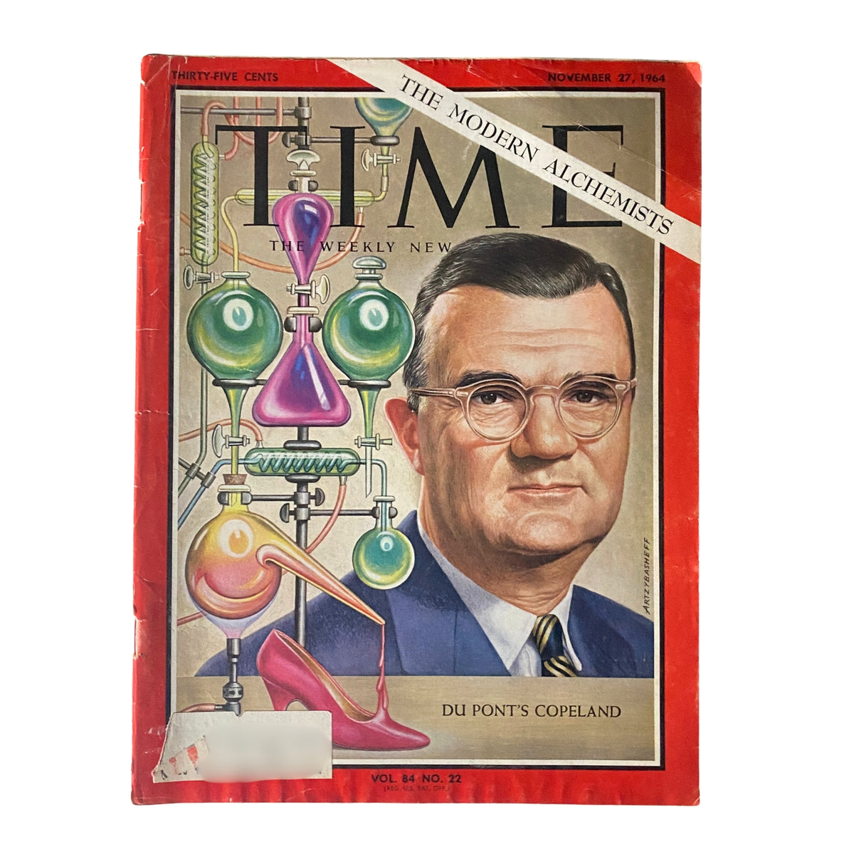 Time Magazine November 27, 1964, Vol 84 No. 22 featuring Du Pont's Copeland on the cover, showcasing artistic illustrations of chemistry equipment and a portrait of Copeland.