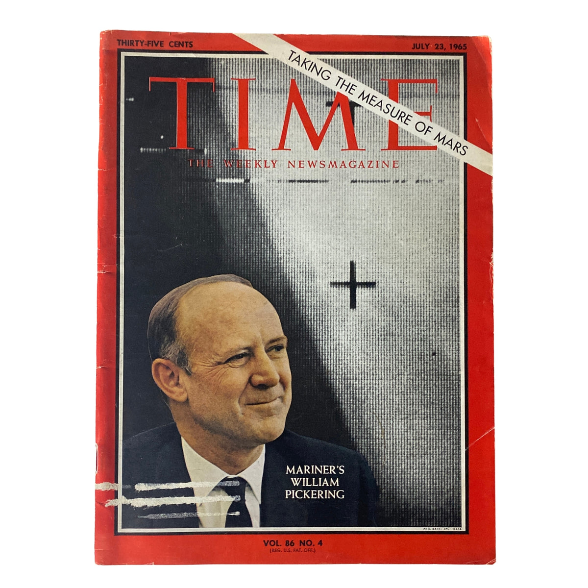 Cover of Time Magazine from July 23, 1965, featuring Mariner's William Pickering, showcasing the title 'Taking the Measure of Mars'.