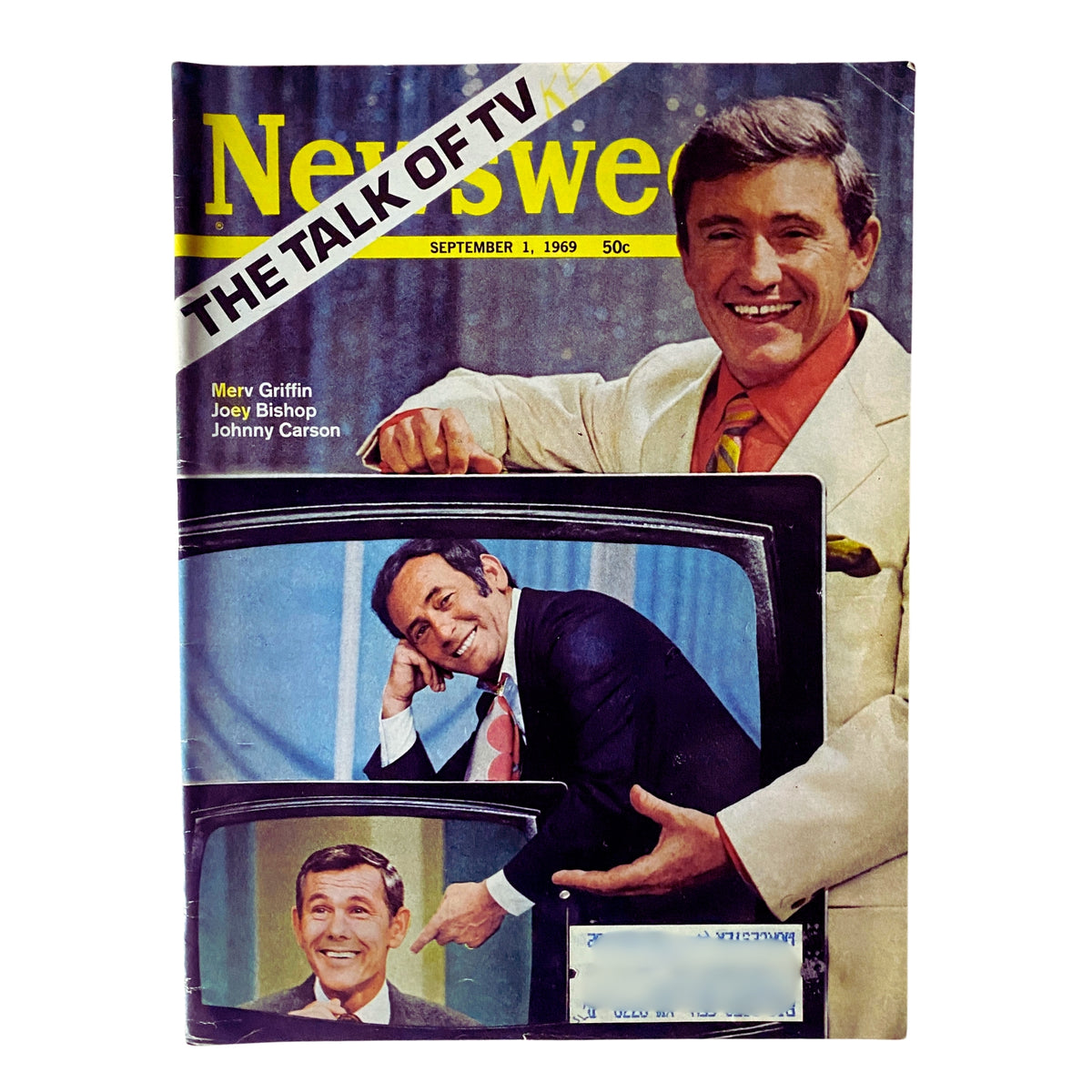 Cover of Newsweek Magazine September 1, 1969 featuring Merv Griffin, Joey Bishop, and Johnny Carson, highlighting 'The Talk of TV'.