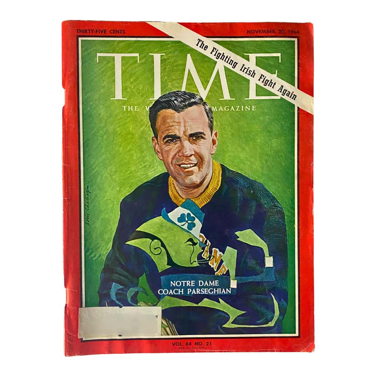Time Magazine Cover from November 20, 1964, featuring Notre Dame Coach Ara Parseghian on the front. Vintage design highlighting the spirit of 1960s college football.