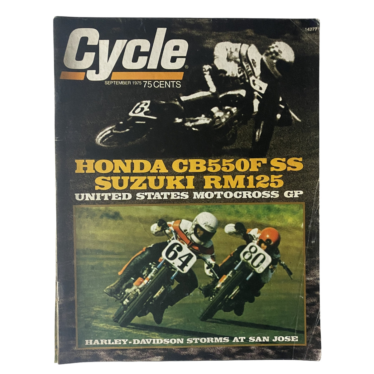 Cover of Cycle Magazine dated September 1975 featuring Honda CB550F SS and Suzuki RM125, with motorcycle racing imagery highlighting the excitement of the United States Motocross GP.