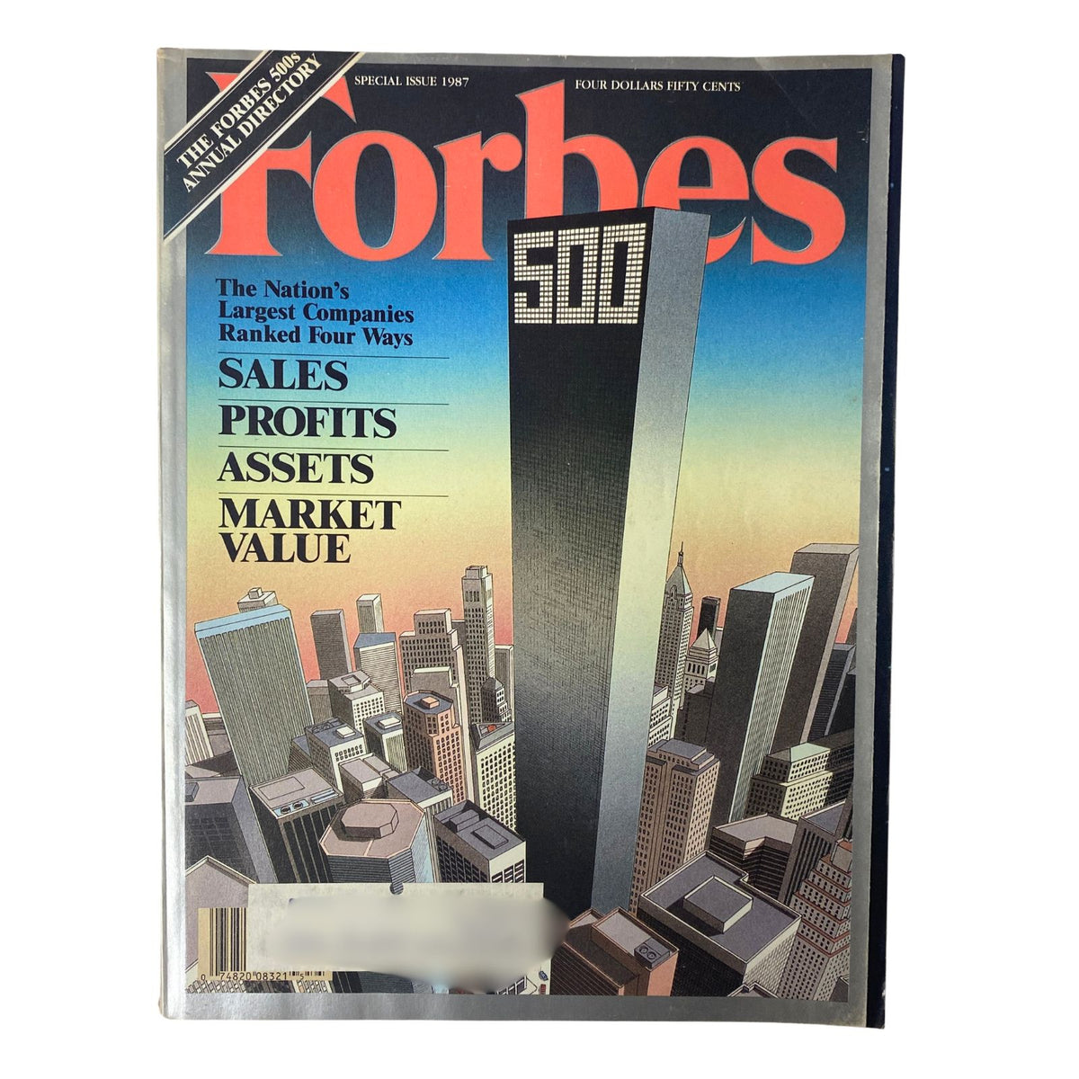 Cover of Forbes Magazine 1987 The Forbes 500s Annual Directory Special Issue, featuring a skyline illustration and prominent text highlighting key financial metrics such as Sales, Profits, Assets, and Market Value.