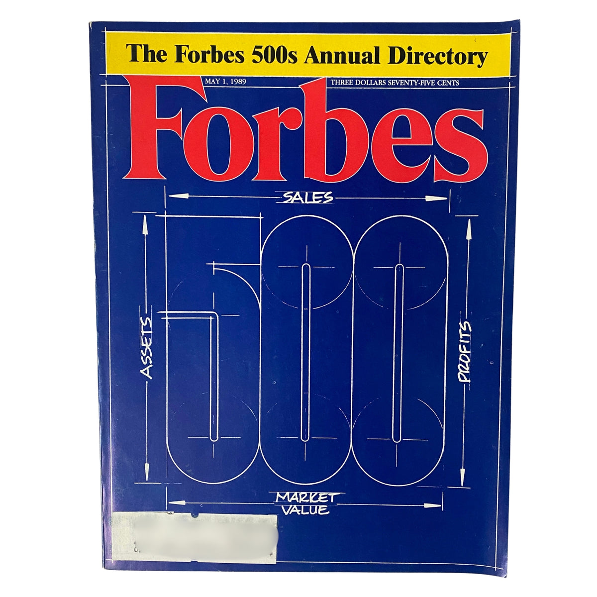 Cover of Forbes Magazine, May 1, 1989, featuring The Forbes 500 Annual Directory, showcasing corporate metrics including sales, profits, assets, and market value.