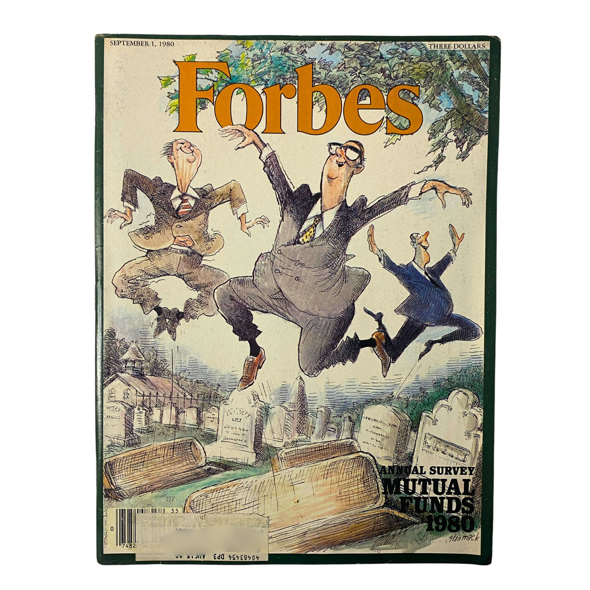 Cover of Forbes Magazine, September 1, 1980, featuring the Annual Survey of Mutual Funds 1980, showcasing two caricatured businessmen celebrating.