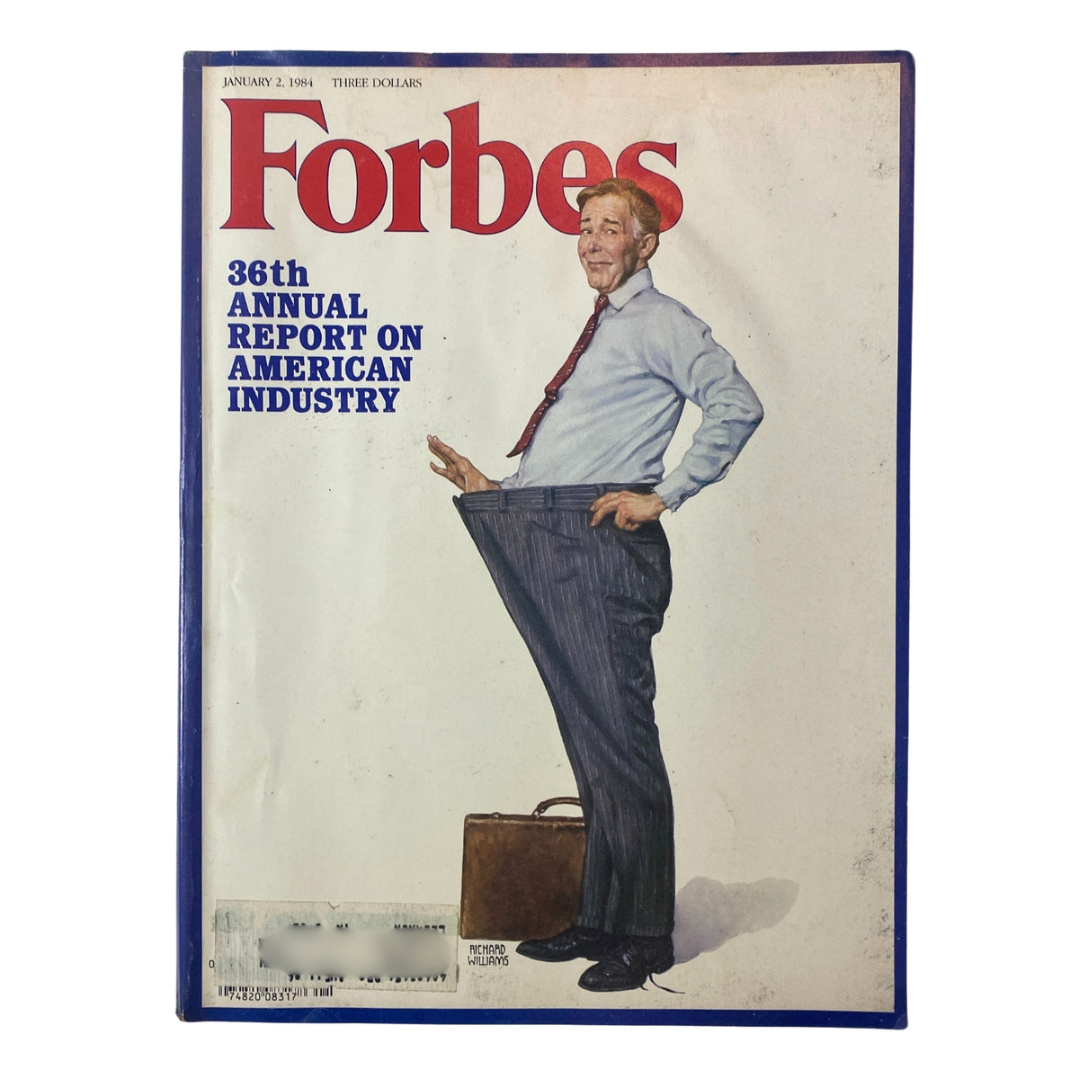 Cover of Forbes Magazine dated January 2, 1984 featuring the title '36th Annual Report on American Industry' with an illustration of a man in oversized pants holding a briefcase.