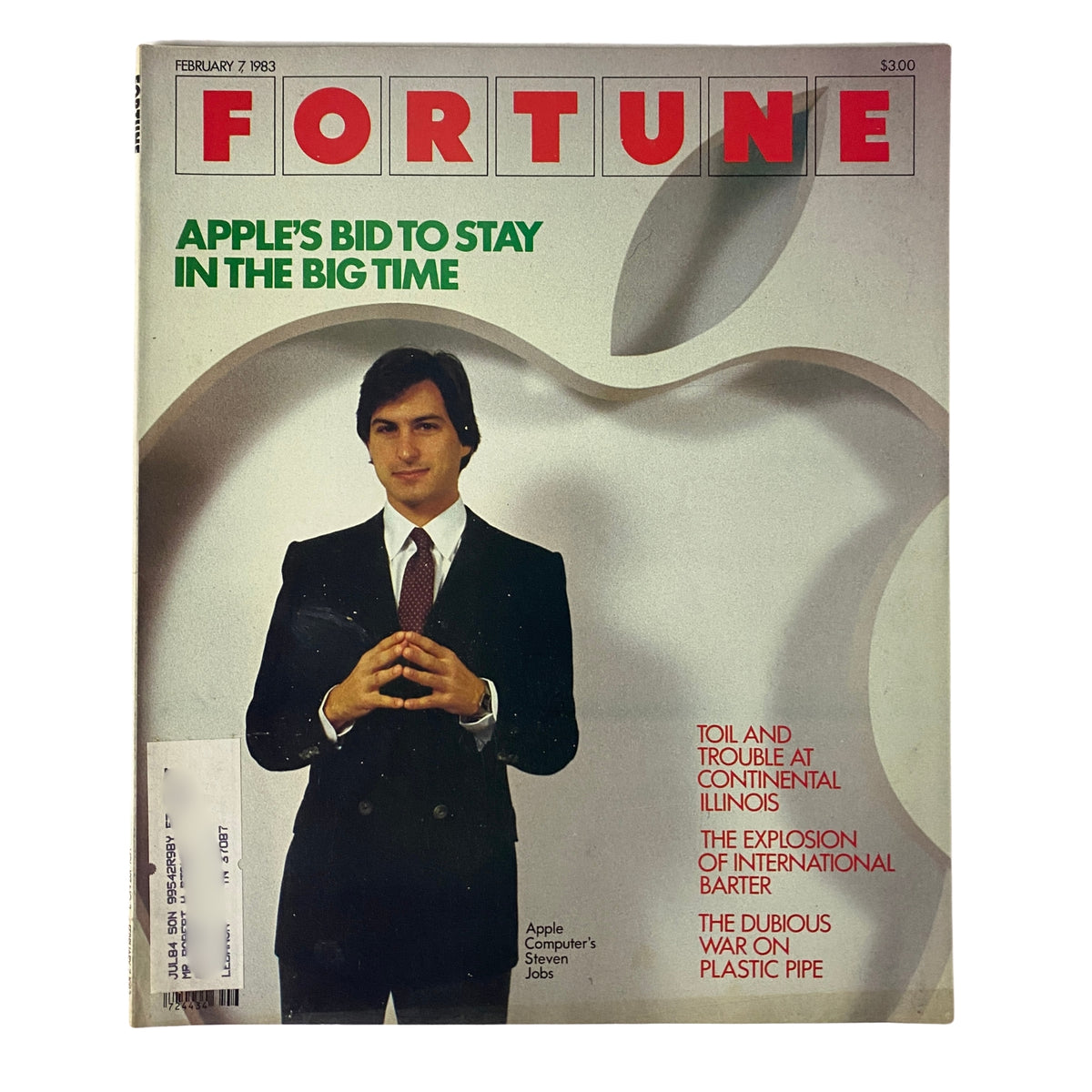 Cover of Fortune Magazine from February 7, 1983 featuring Apple Computer's Steve Jobs, highlighting 'Apple's Bid to Stay in the Big Time.' The magazine illustrates Steve Jobs in a formal suit, showcasing Apple's iconic logo.
