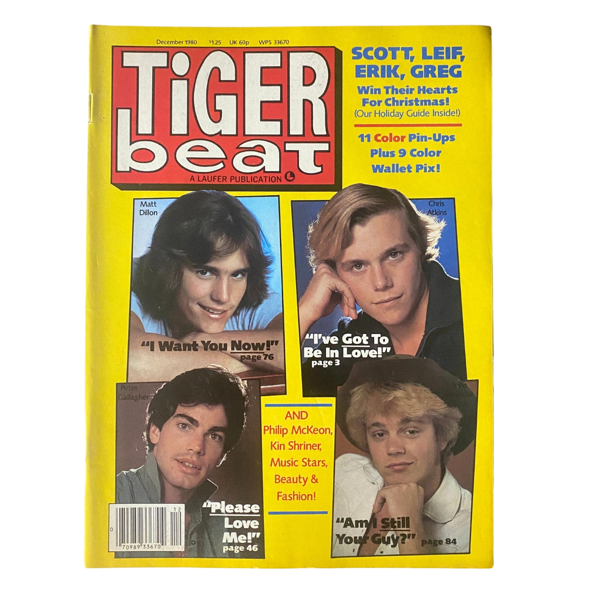 Tiger Beat Magazine December 1980 featuring Matt Dillon and Chris Atkins on the cover, showcasing exclusive pin-ups, celebrity interviews, and nostalgic pop culture content.