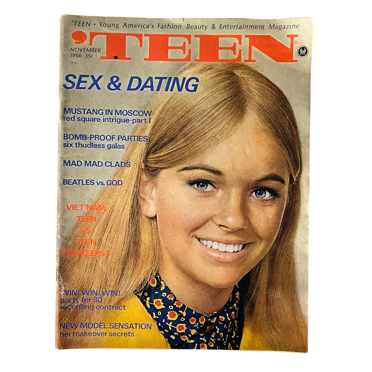 Cover of Teen Magazine, November 1966 issue featuring a smiling blonde girl, highlighting topics like 'Sex & Dating' and 'Vietnam: Teen vs. Teen for Keeps'.