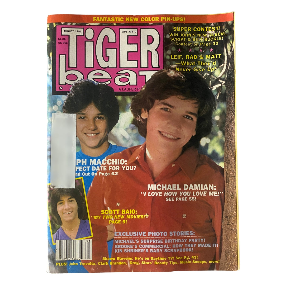 Cover of Tiger Beat Magazine from August 1981 featuring Ralph Macchio and Michael Damian. The magazine highlights topics like dating with Ralph Macchio and features a four-part poster of Michael Damian.