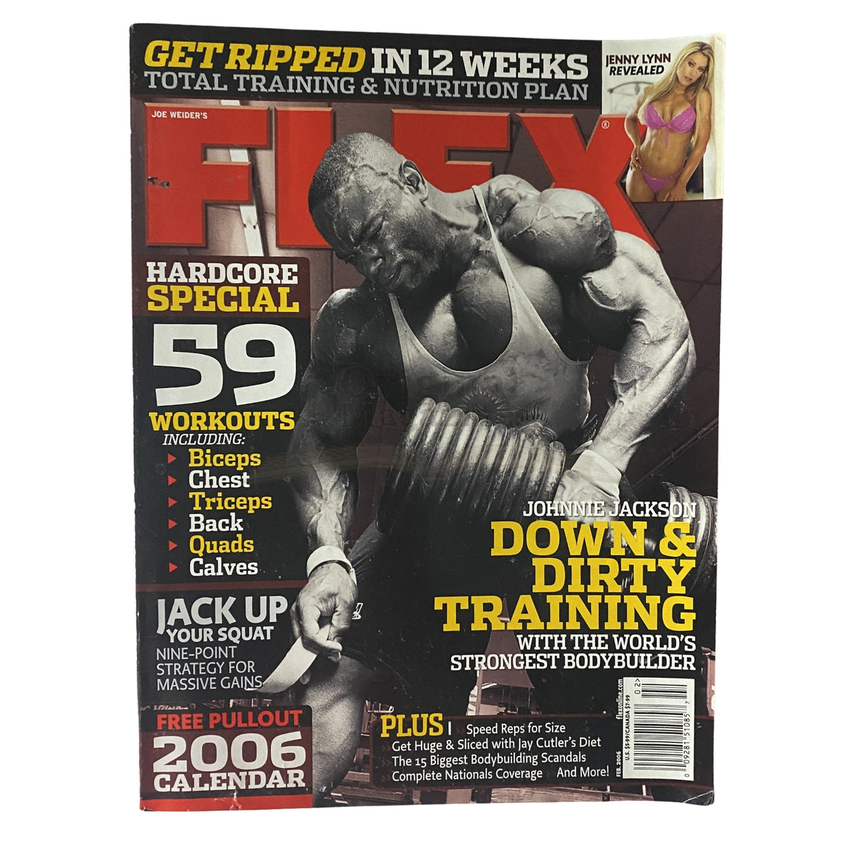 Flex Magazine February 2006 cover featuring Johnnie Jackson, showcasing bodybuilding content, workout programs, and nutrition advice.