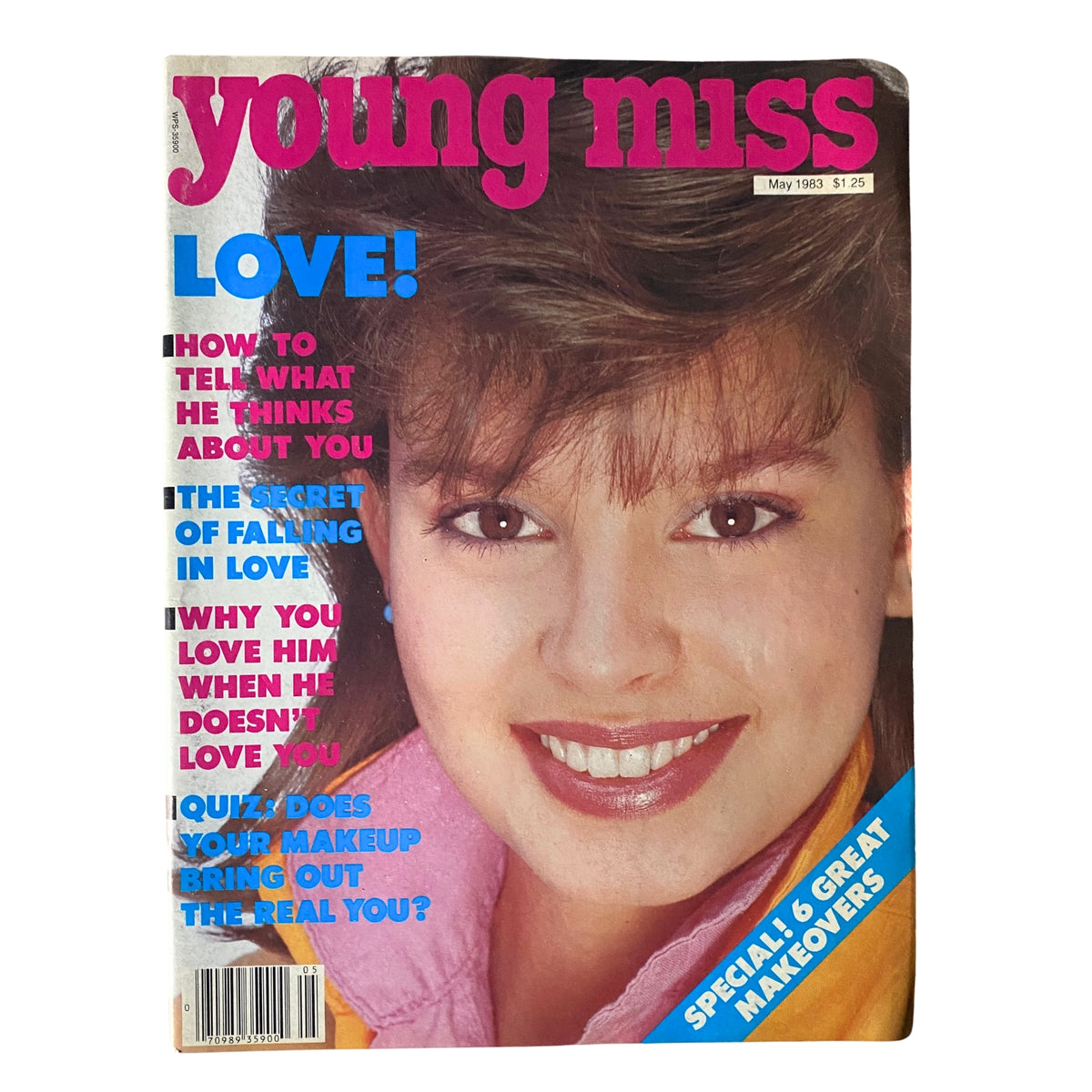 Cover of Young Miss Magazine May 1983 featuring the headline 'The Secret of Falling In Love,' focusing on beauty tips, teenage relationships, and vibrant 80s fashion.