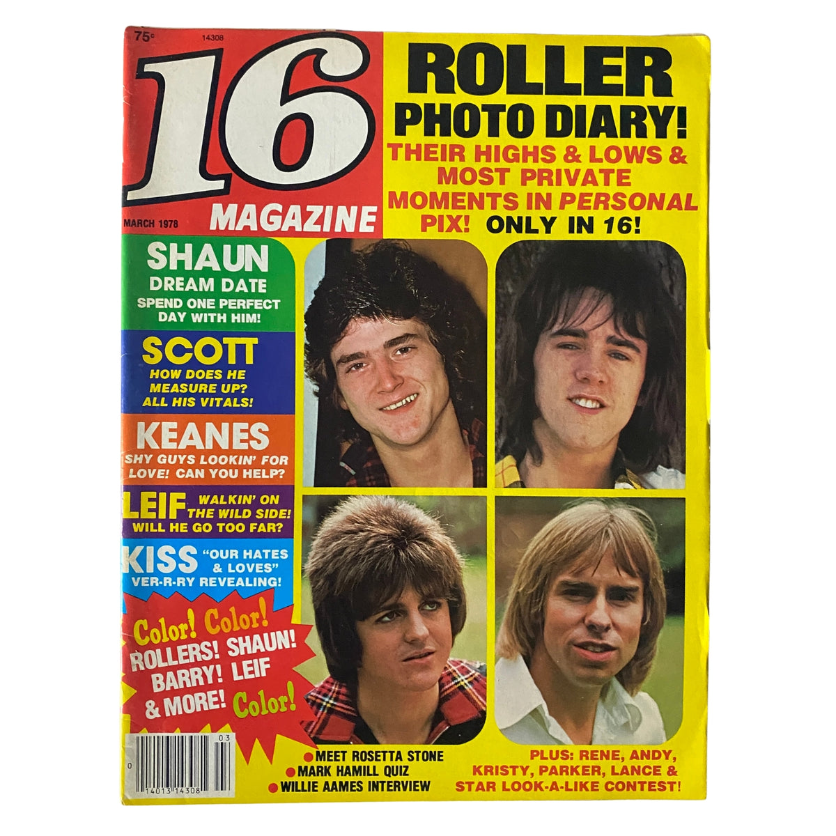 Cover of 16 Magazine March 1978 featuring Les McKeown and Eric Faulkner, with colorful headlines highlighting celebrity features and exclusive posters.