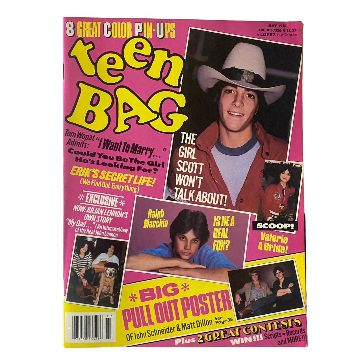 Teen Bag Magazine July 1981 cover featuring Scott Baio, Ralph Macchio, and vibrant graphics showcasing teen pop culture with pin-ups and celebrity features.