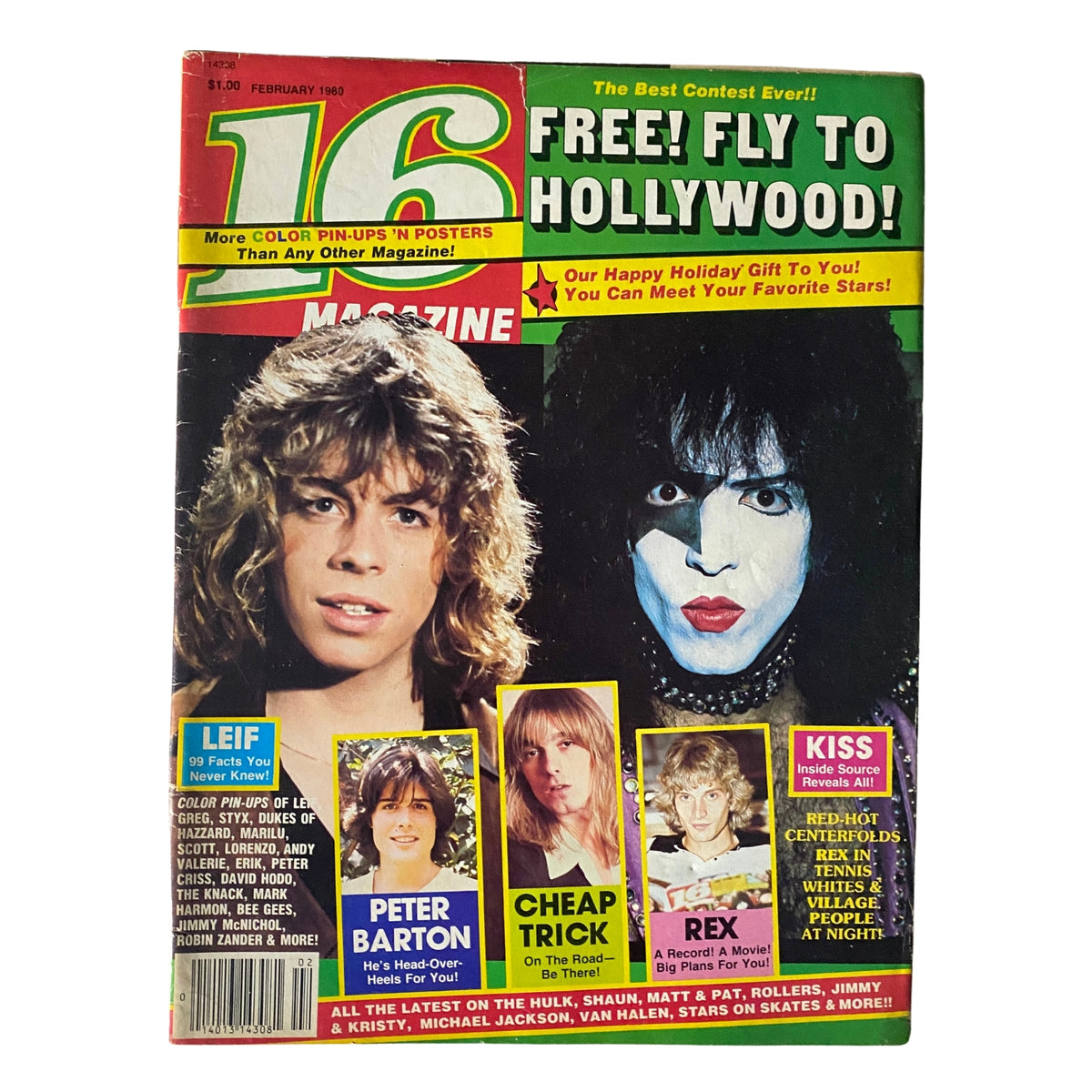 Cover of 16 Magazine February 1980 featuring Leif Garrett and Paul Stanley, showcasing popular teen idols and vibrant pop culture elements from the late '70s and early '80s.