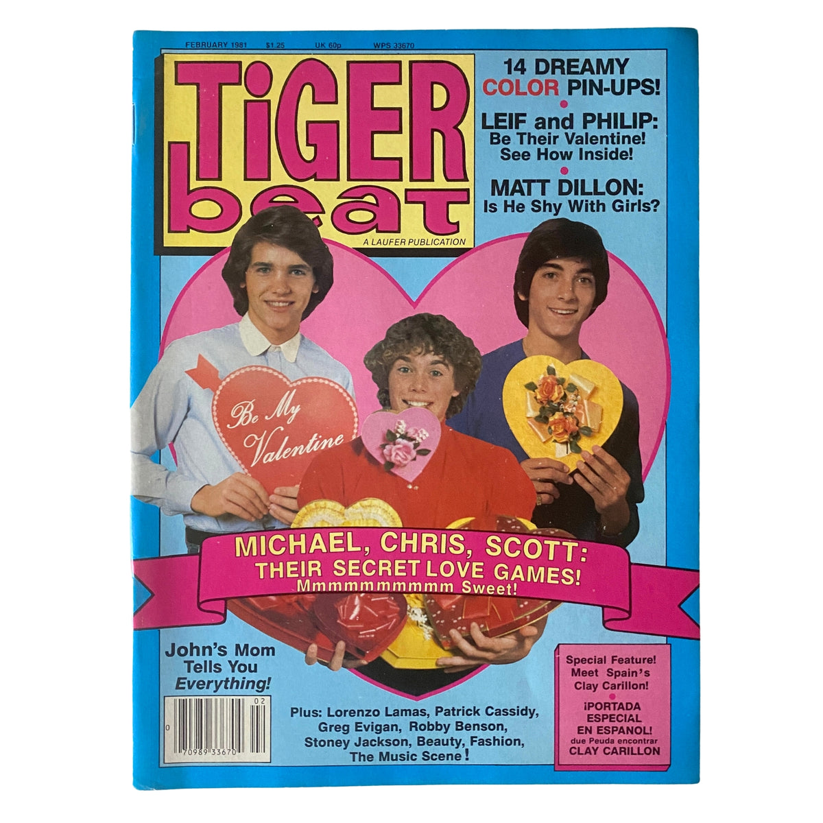 Tiger Beat Magazine February 1981 cover featuring teen idols with Valentine's Day themes, including headlines about Michael Damian and Chris Atkins.