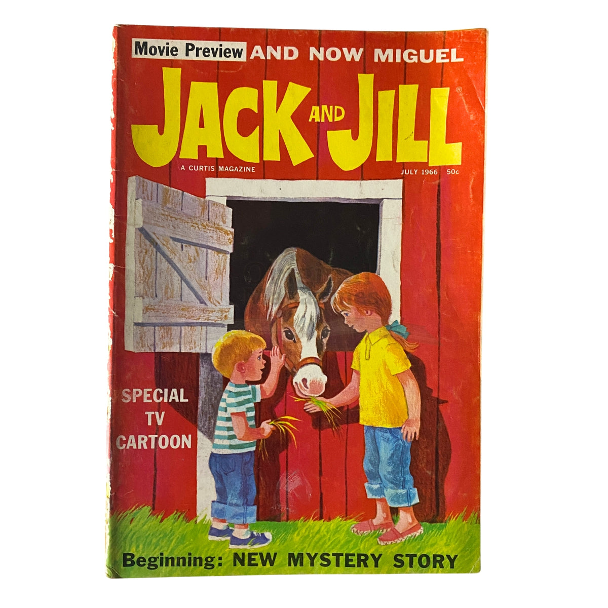 Cover of Jack and Jill Magazine, July 1966 edition, featuring children interacting with a horse and highlighting the movie preview for And Now Miguel.