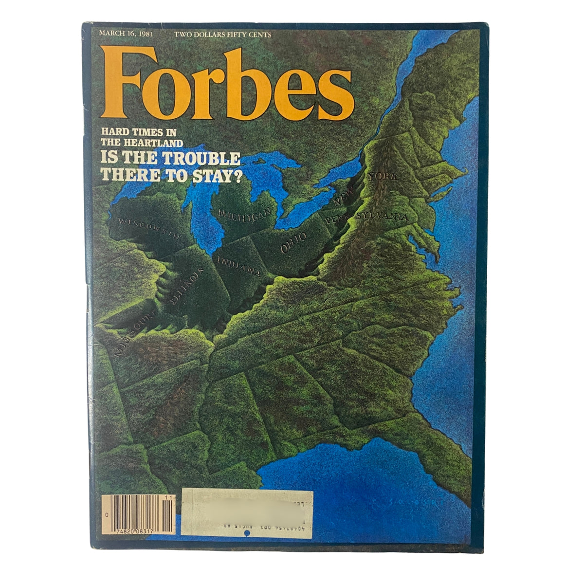Cover of Forbes Magazine dated March 16, 1981 featuring the title 'Is The Midwest Dying? Hard Times in Heartland' with a detailed map of the Midwest.