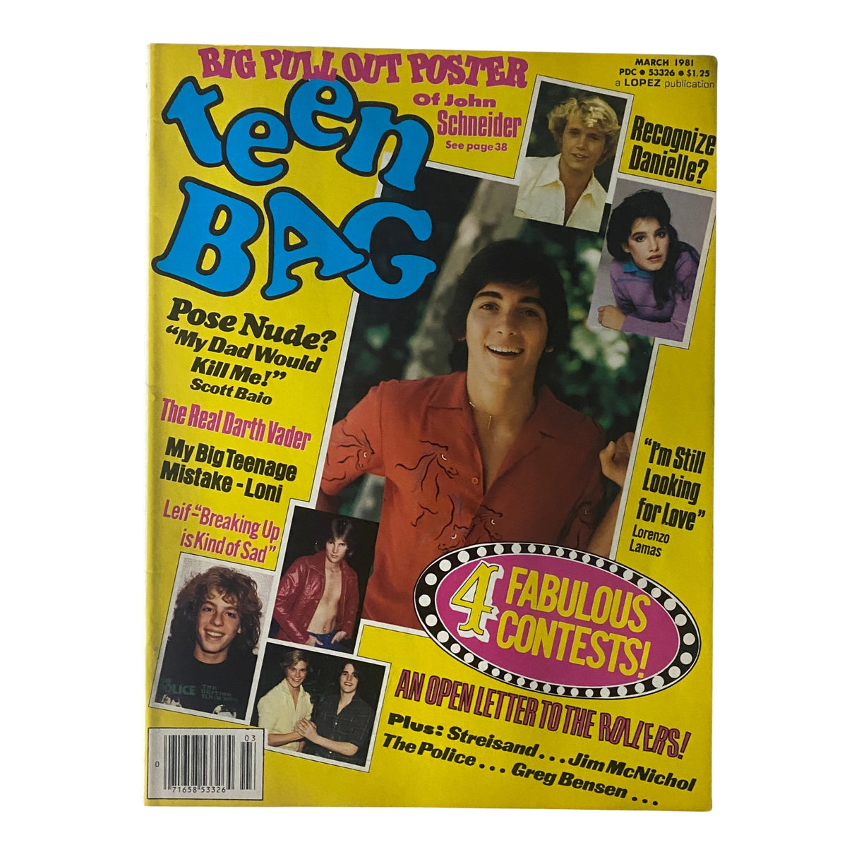 Teen Bag Magazine March 1981 featuring Scott Baio and John Schneider on the cover, colorful design showcasing celebrities, with a headline about contests and celebrity interviews.
