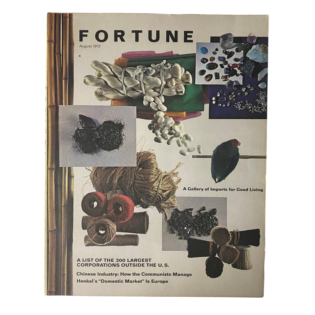 Fortune Magazine August 1972 cover featuring a collage of imported goods and an overview of corporate listings, titled 'A Gallery of Imports for Good Living'.