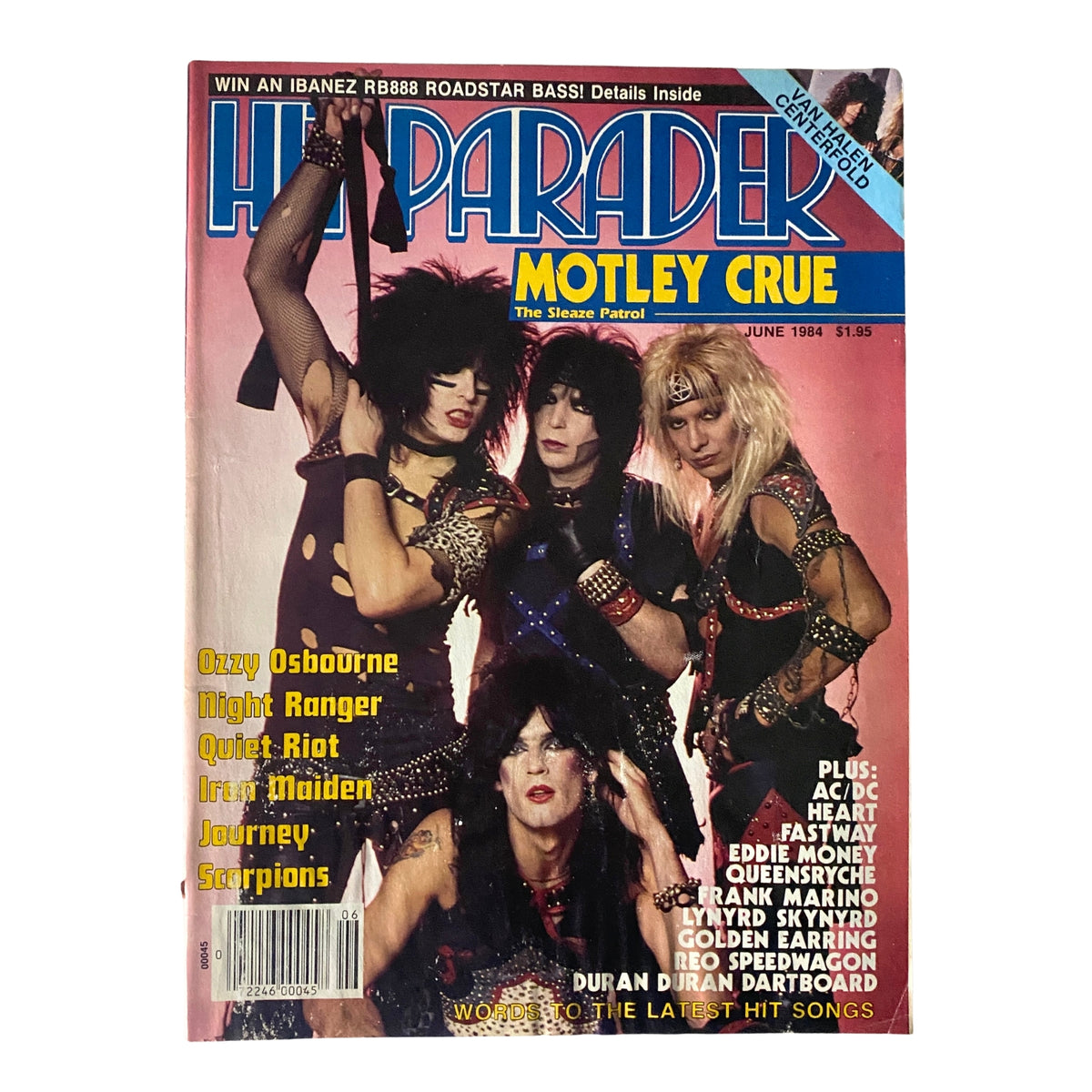 Hit Parader Magazine June 1984 featuring Mötley Crüe on the cover, showcasing iconic glam metal fashion and artists of the era, including Ozzy Osbourne and Iron Maiden.