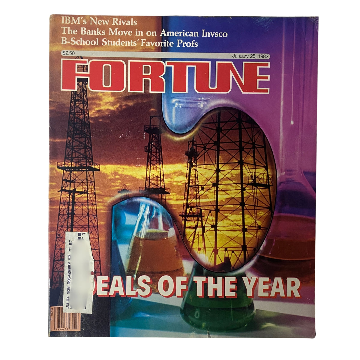 Cover of Fortune Magazine, January 25, 1982, featuring interlocking oil derricks and chemical flasks, highlighting major corporate deals in the oil and chemical industries.