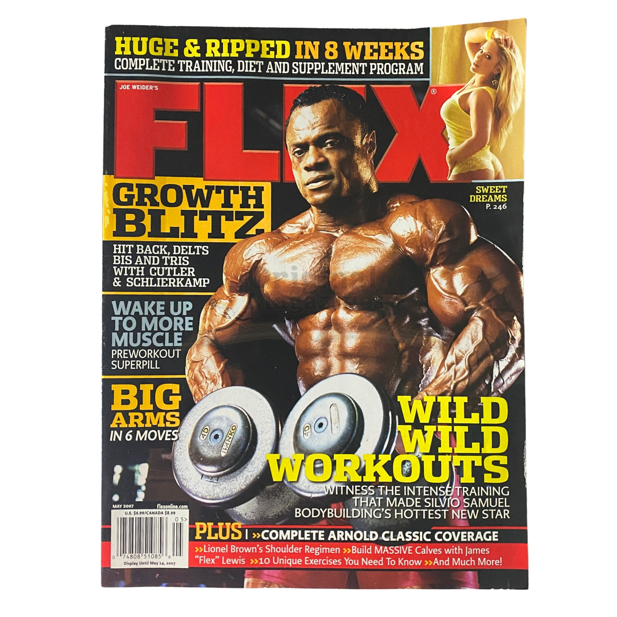 Flex Magazine May 2007 Cover featuring Silvio Samuel, showcasing bodybuilding content with highlights on 'Growth Blitz' training and workout programs.