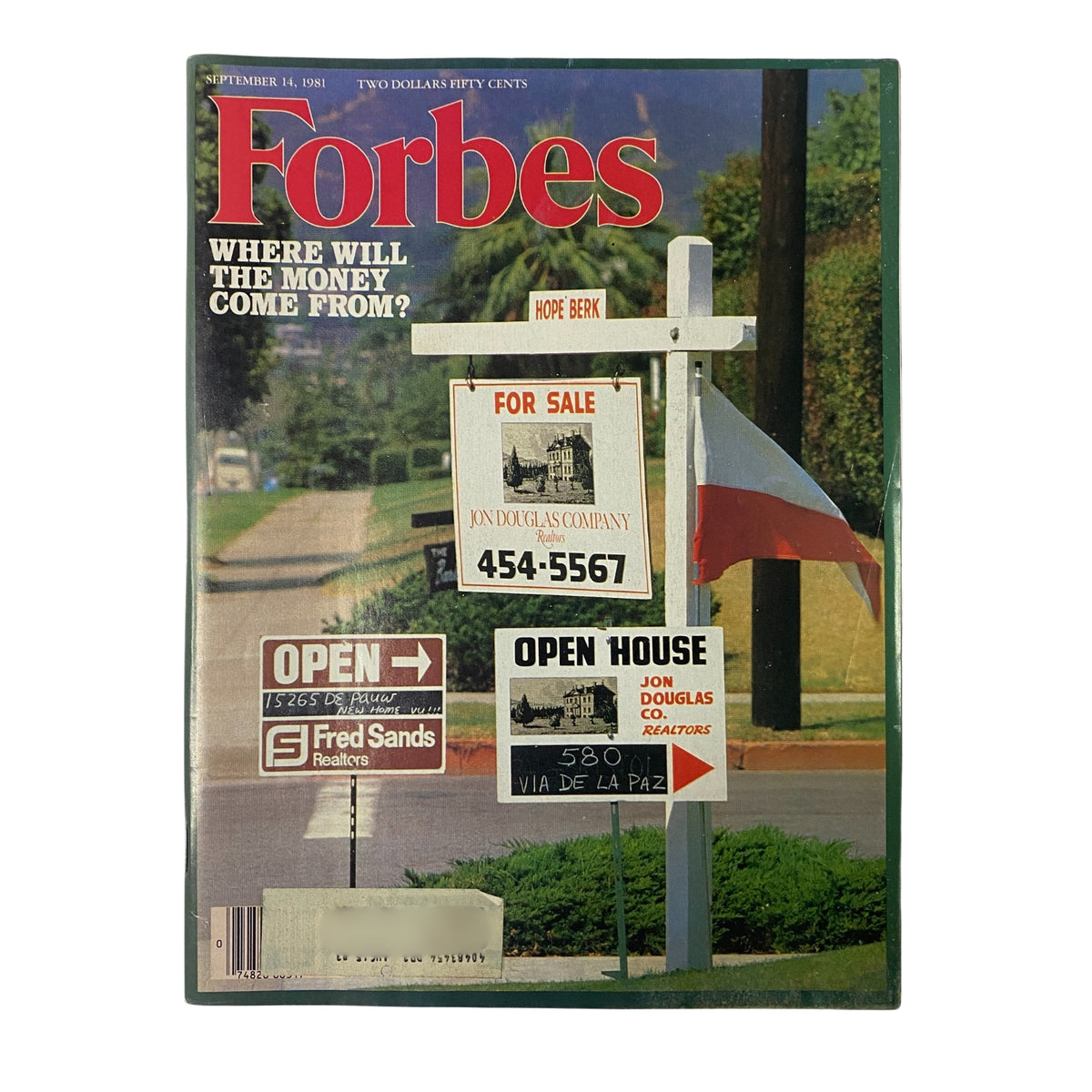 Forbes Magazine cover from September 14, 1981 featuring the headline 'Where Will The Money Come From?' with real estate signs indicating for sale and open house listings.