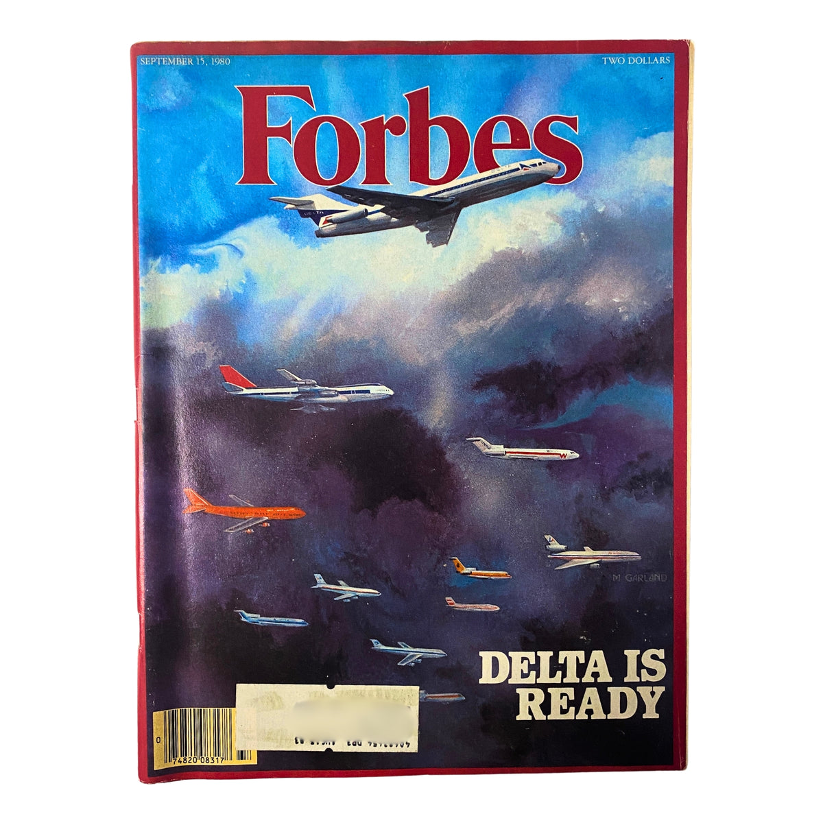 Forbes Magazine Cover for September 15, 1980 featuring the title 'Delta is Ready', showcasing various airplanes against a dramatic sky.