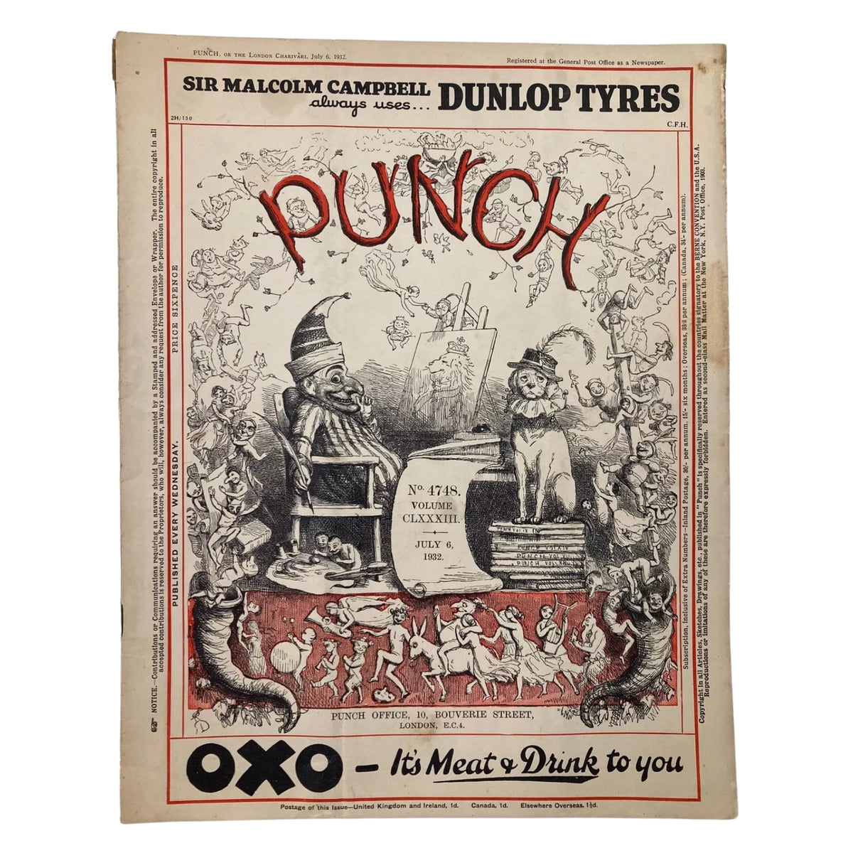Vintage Punch magazine cover showcasing satirical artwork dated August 10, 1932, included in the lot of 2 Punch Magazines – August 10, 1932 & July 6, 1932 – Pre-WWII.