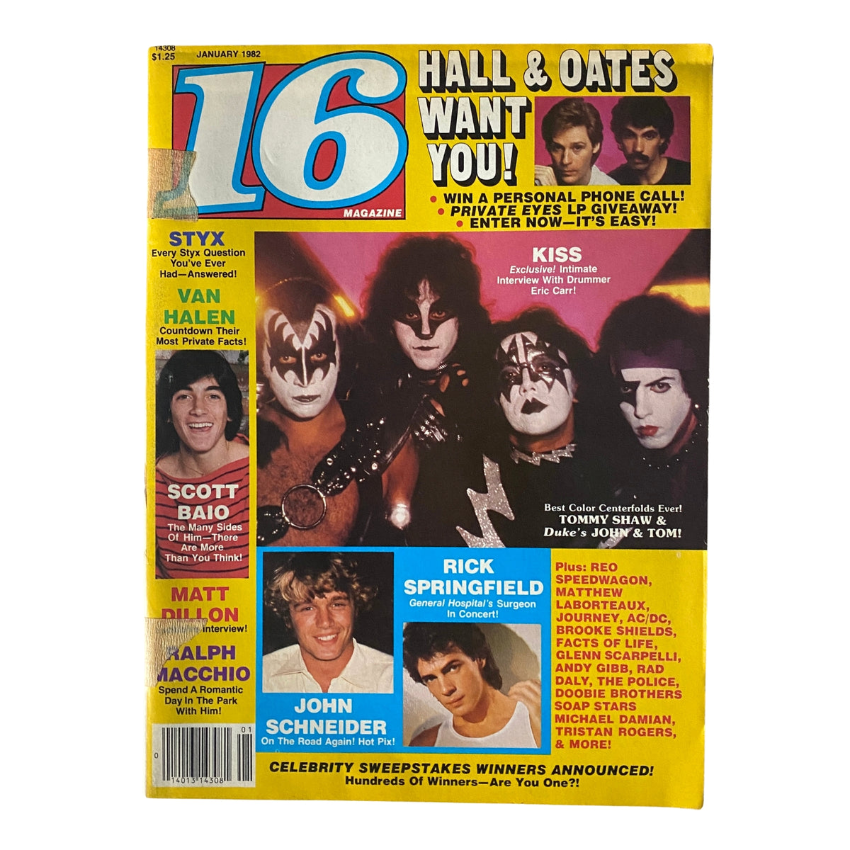 Cover of 16 Magazine January 1982 featuring KISS, Hall & Oates, and Scott Baio with vibrant colors and iconic pop culture references.