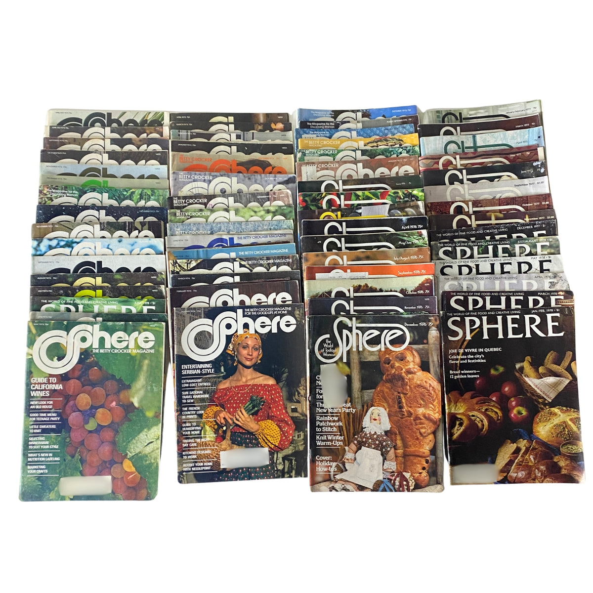 Lot of 61 Betty Crocker Sphere magazines from January to December 1972 to 1978, showcasing a colorful collection featuring vintage cover designs and themes related to cooking, recipes, and 1970s culture.