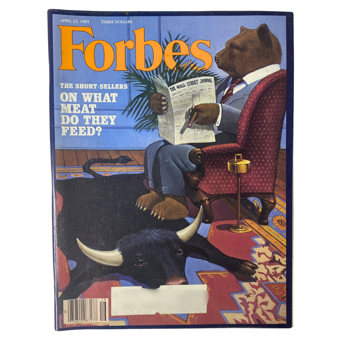 Cover of Forbes Magazine from April 22, 1985, titled 'The Short-Sellers On What Meat Do They Feed?', featuring a bear in a suit reading The Wall Street Journal.
