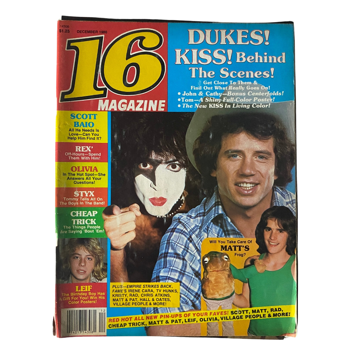 Cover of the December 1980 issue of 16 Magazine featuring Paul Stanley of KISS and John Schneider from Dukes of Hazzard, highlighting celebrity features and nostalgic pop culture.