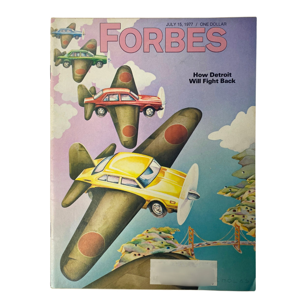 Cover of Forbes Magazine from July 15, 1977, featuring the headline 'How Detroit Will Fight Back' with an illustration of cars flying in the sky.