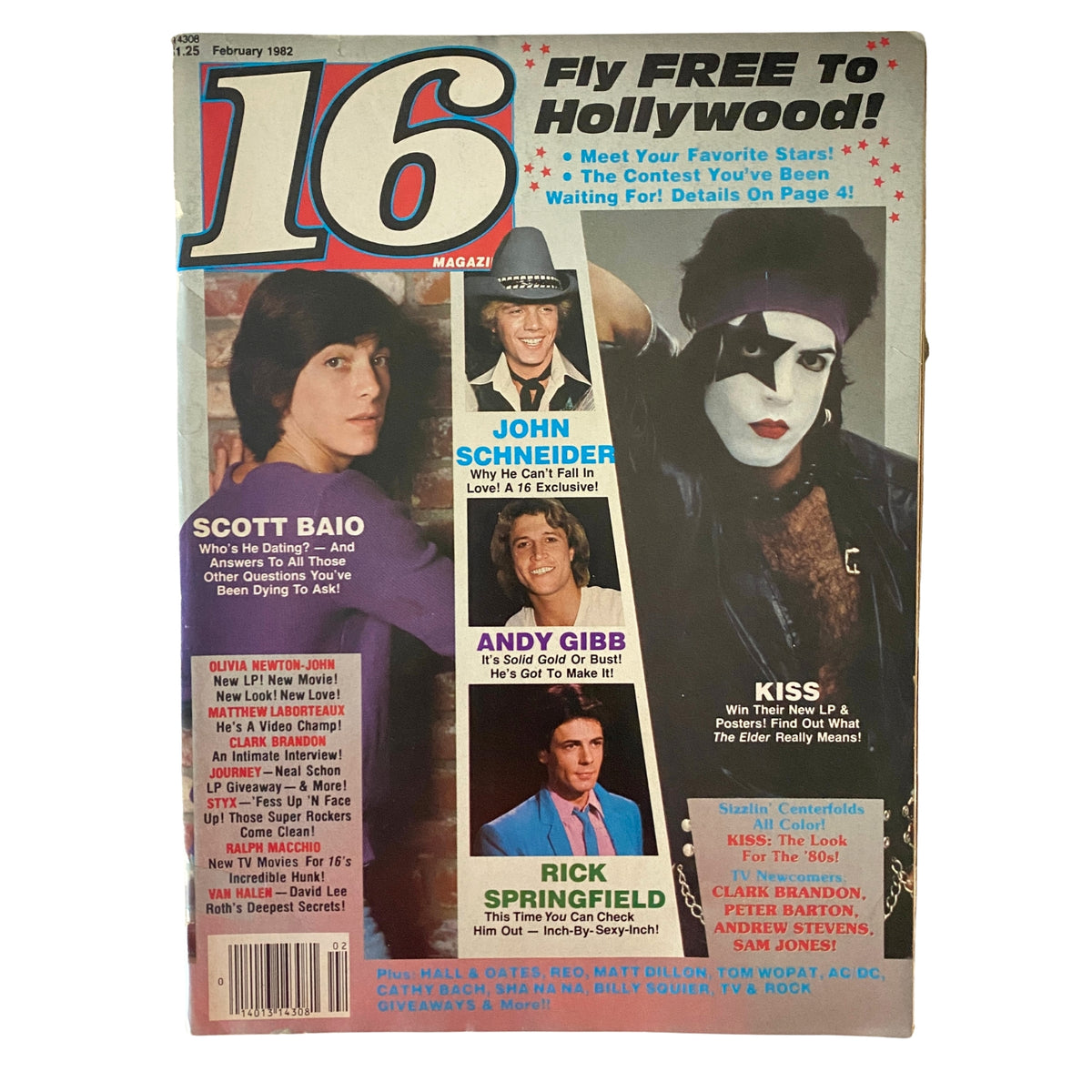 Cover of 16 Magazine February 1982 featuring Scott Baio, John Schneider, Andy Gibb, and Rick Springfield. The magazine includes celebrity features and posters.