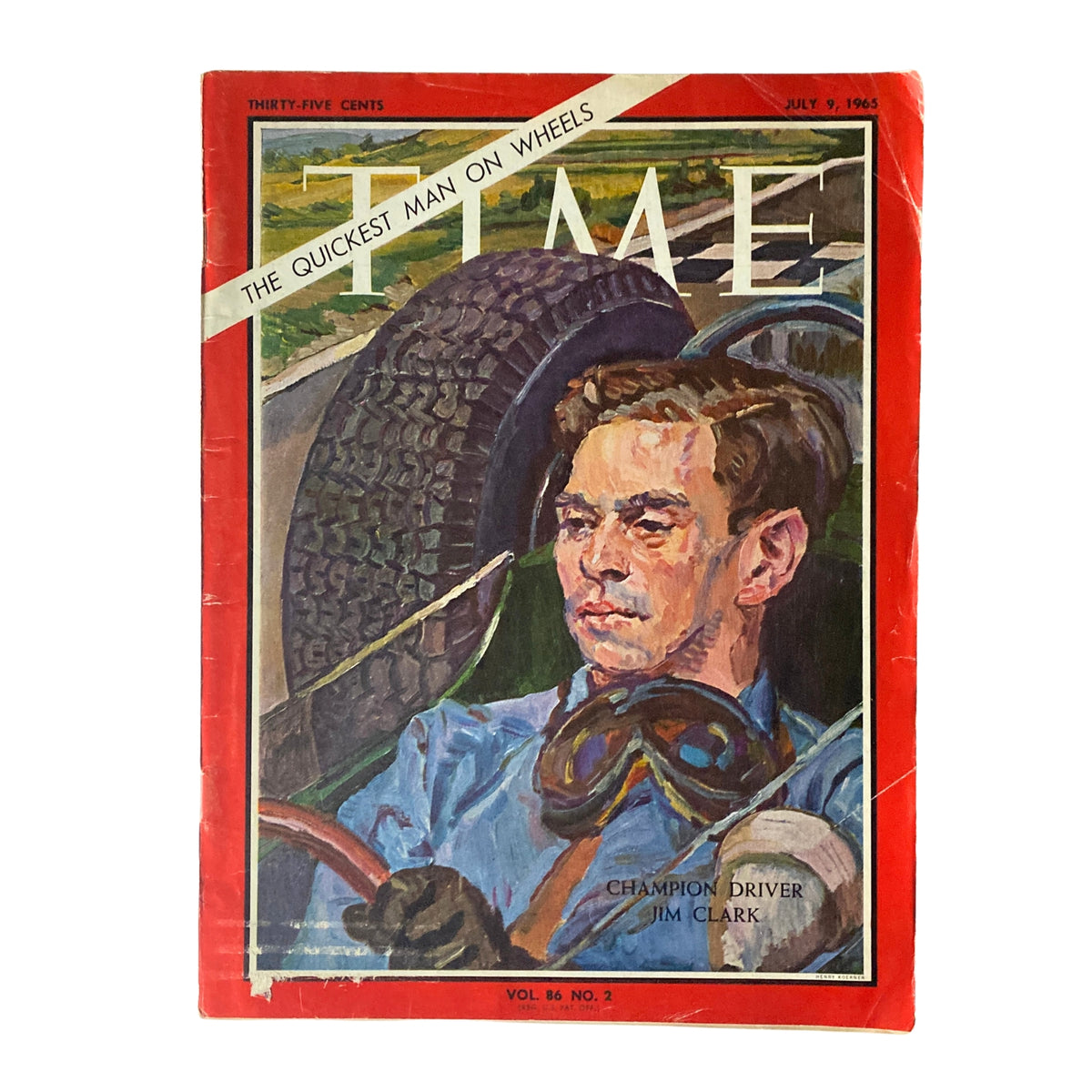 Time Magazine cover from July 9, 1965, Vol 86 No. 2 featuring Champion Driver Jim Clark, showcasing an illustration of the renowned Formula One driver in his racing gear with tires in the background.