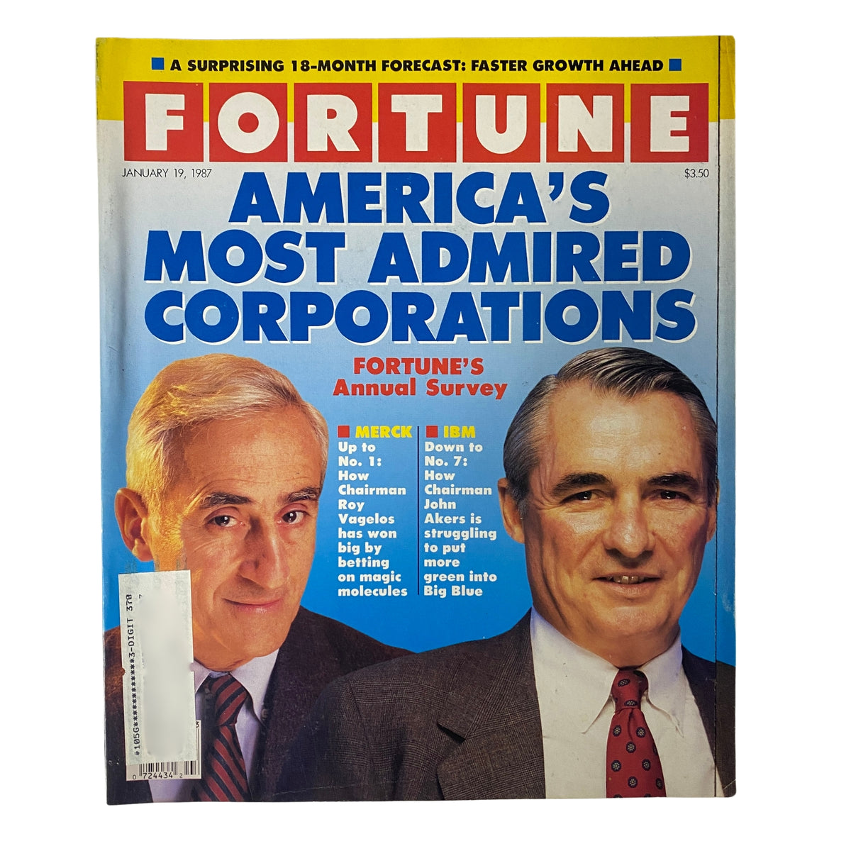 Fortune Magazine cover from January 19, 1987, featuring the title 'America's Most Admired Corporations' with photographs of Roy Vagelos and John Akers. Highlights Merck's rise to No. 1 and IBM's drop to No. 7 in the Fortune's annual survey.