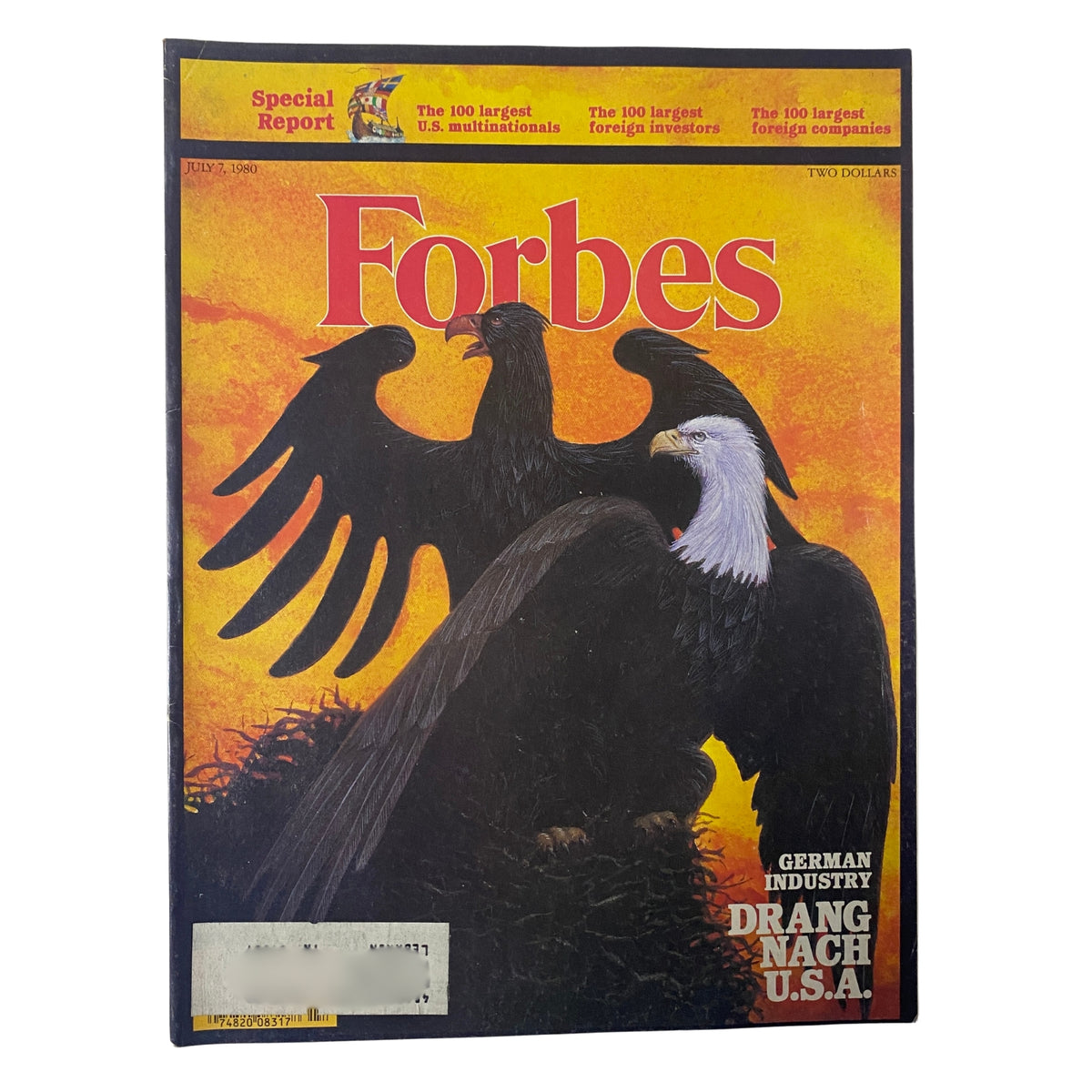 Forbes Magazine July 7, 1980 featuring the cover story 'German Industry Drang Nach U.S.A.' showcasing two eagles, symbolizing the competitive corporate landscape.