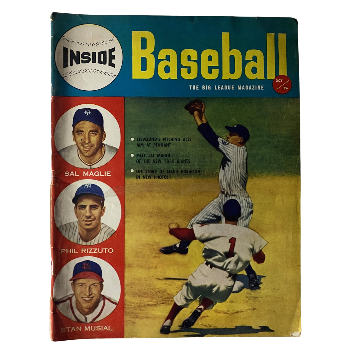 Inside Baseball Magazine October 1952 featuring Sal Maglie, Phil Rizzuto, and Stan Musial on the cover, showcasing vintage baseball history and highlights.