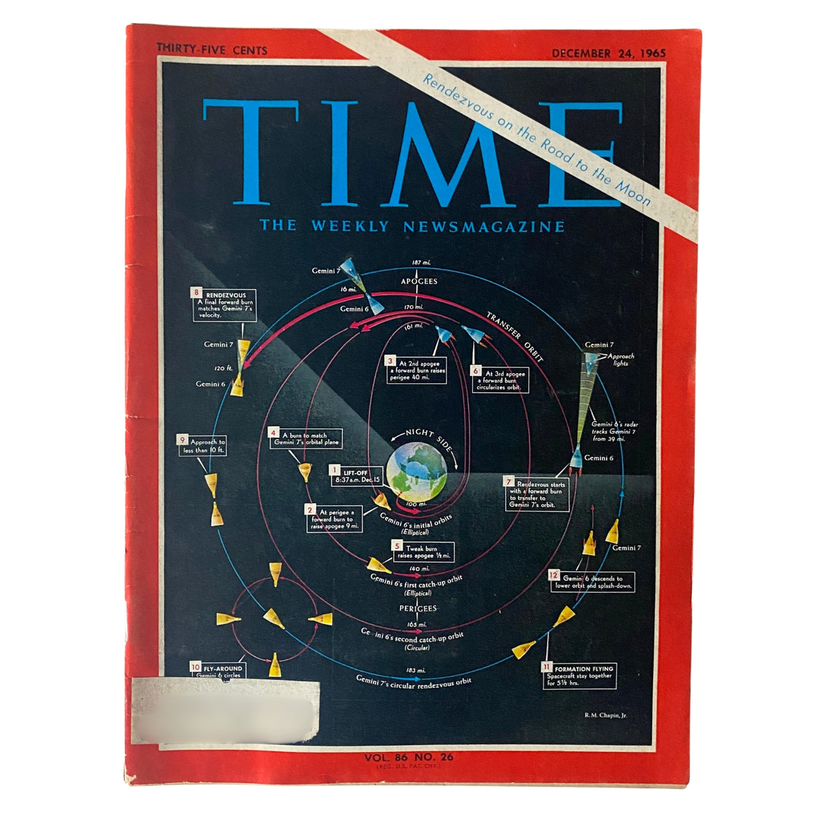 Cover of Time Magazine, December 24, 1965, Vol 86 No. 26, featuring the detailed space mission diagram titled 'Rendezvous on the Road to the Moon', illustrating the Gemini space program and significant advancements in space exploration.